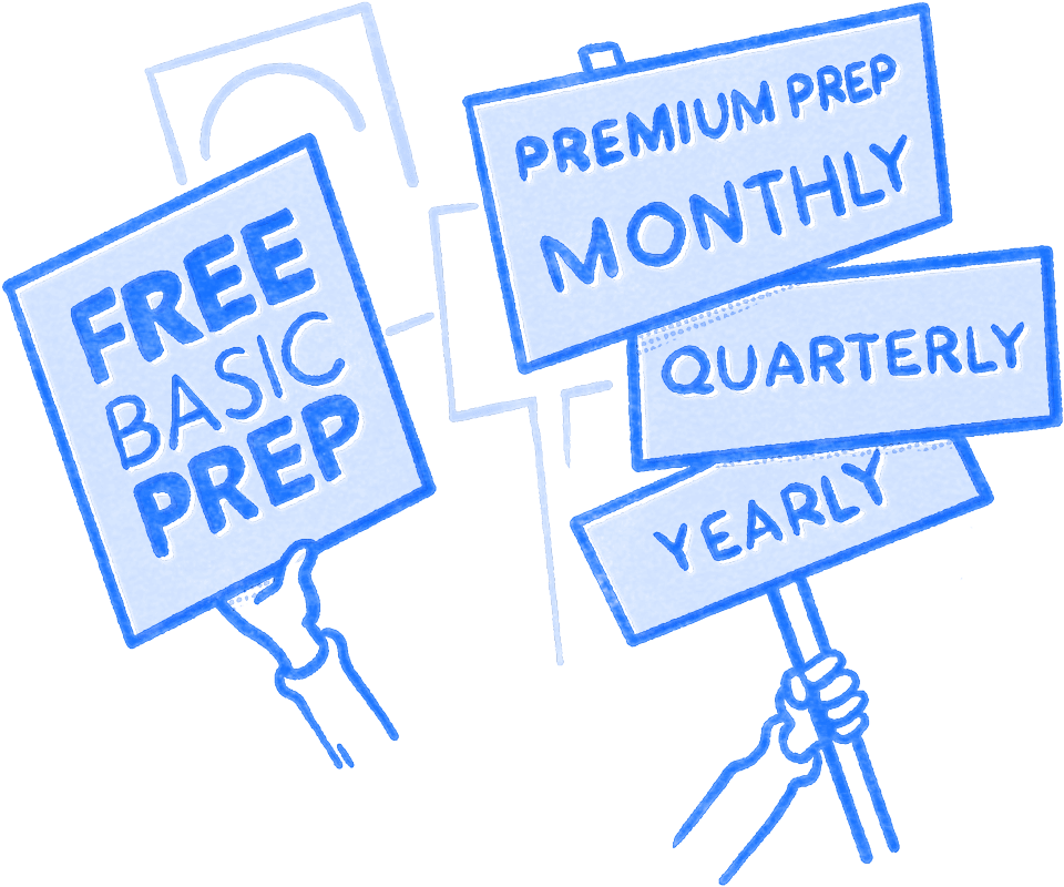 Hands holding signs that read Free Basic Prep and Premium Prep monthly, quarterly, yearly. Illustration.