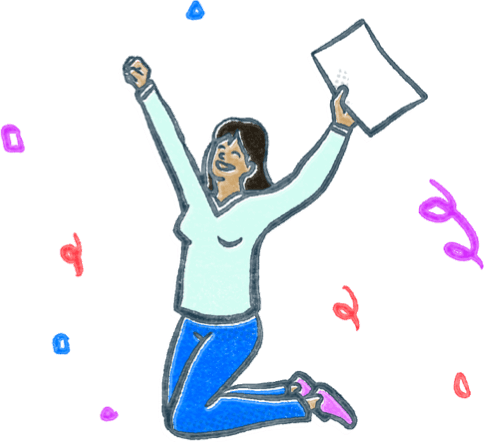 Woman holding a sheet of paper joyfully jumping into the air surrounded by colorful confetti. Illustration.