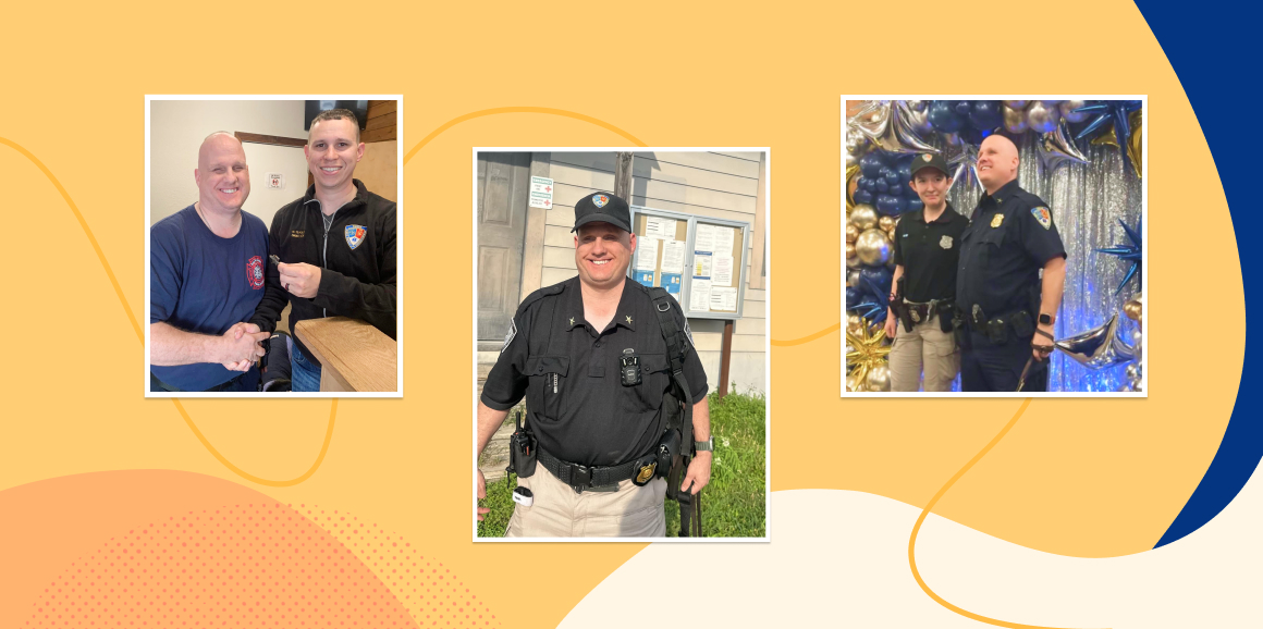 Image of Robert Dittman shaking hands with TXPSI Director Nicholas Teague, Robert pictured standing in uniform, and Robert and Kirstiana pictured on stage in their TXPSI uniforms smiling together